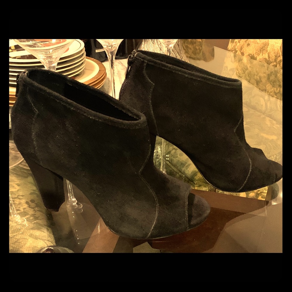 Jessica Simpson. Open toe, black suede booties.